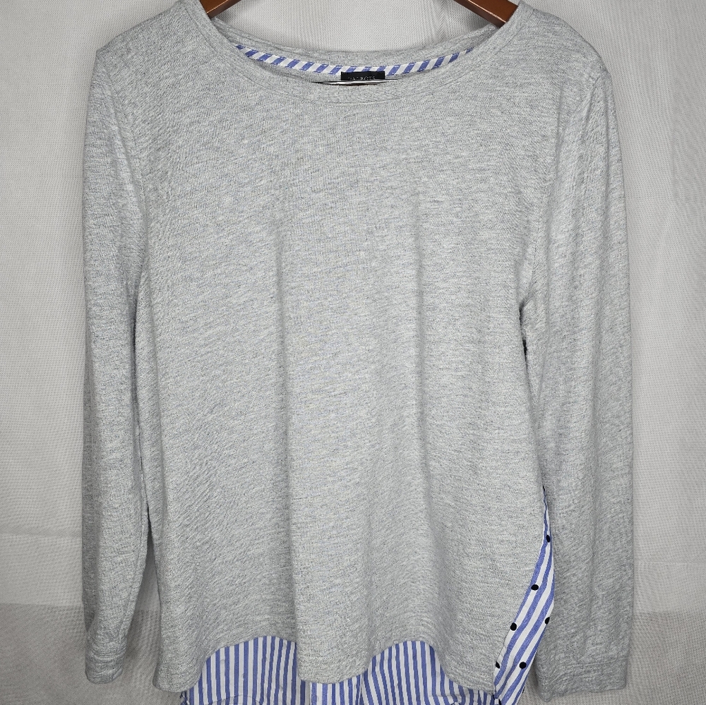 Talbots Top Gray Mixed Media Stripe Polka Dot Back Panel Long Sleeve L